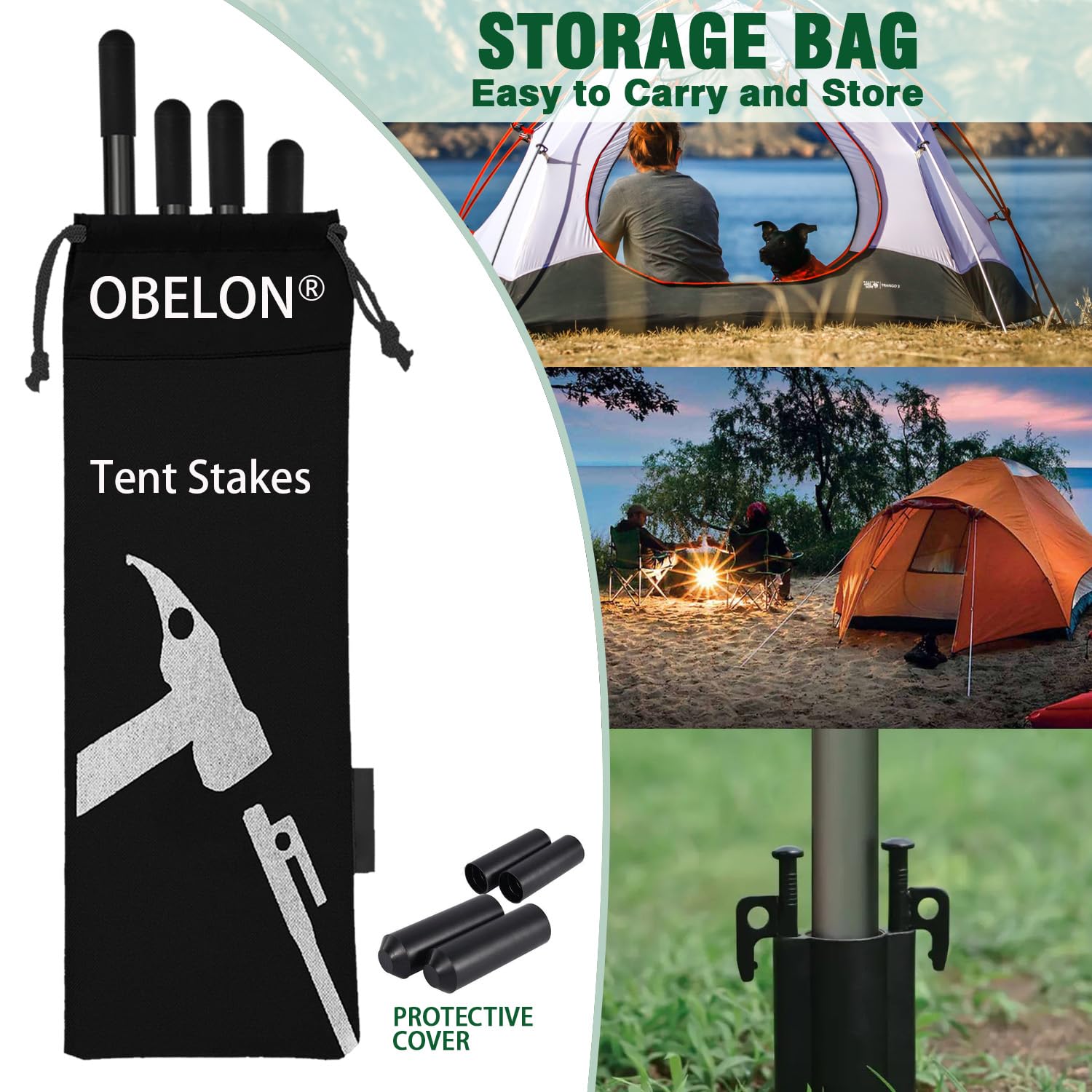 OBELON Zeltheringe 20 cm aus Stahl – 8 Stück Sturmsichere Heringe für Zelt, Camping und Outdoor – Erdanker mit Schutzcap und Aufbewahrungsbeutel für Sand, Stein und Harten Boden (Schwarz) Sport & Freizeit