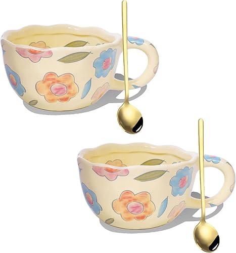 Miniatura 10 de 4 tazas de café de cerámica de 8.5 onzas, lindas tazas de café florales retro con asa y cuchara, taza de arte con leche irregular, regalo para el