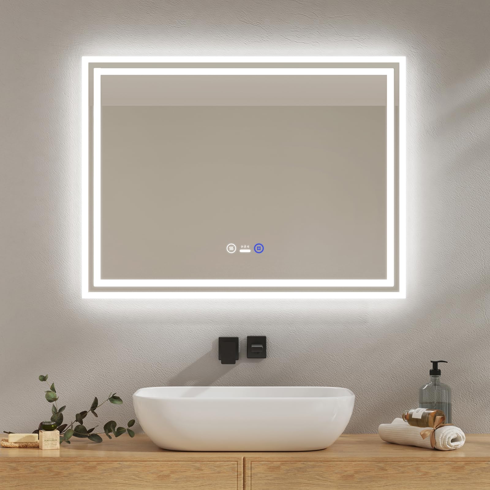 EMKE Espejo de baño con iluminación 80 x 60 cm, Espejo LED con Sensor de Movimiento, antiniebla, 3 Colores de luz Regulables, Apagado automático después de 1 Hora, IP44, Espejo de baño