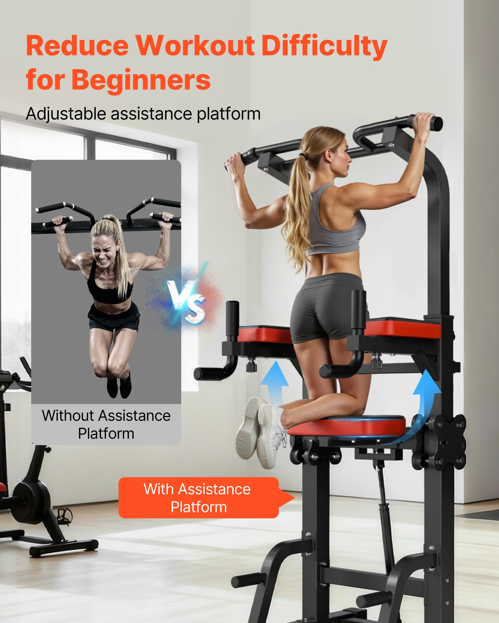 VEVOR Chaise Romaine avec Banc, Barre de Traction sur Pied Réglable en Hauteur sur 10 Niveaux 200 kg, Équipement d'Entraînement de Force Multifonction avec Dossier Coudières, Station de Dips Fitness