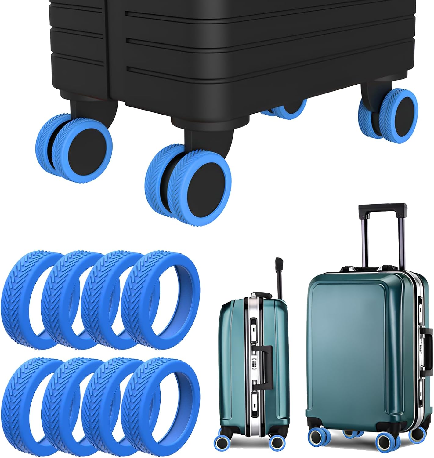 8Pcs Luggage Wheel Covers, Suitcase Wheels Covers, Silicone Mute and Shock Absorption Suitcase Wheels Protector for Luggage (Blue)