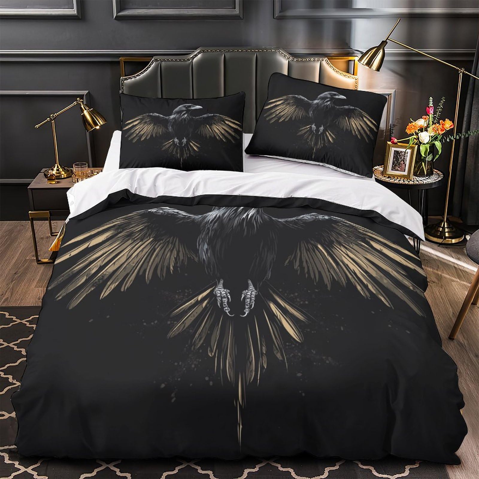 Housse de couette corbeau en microfibre résistante et lavable en machine pour lit 2 personnes
