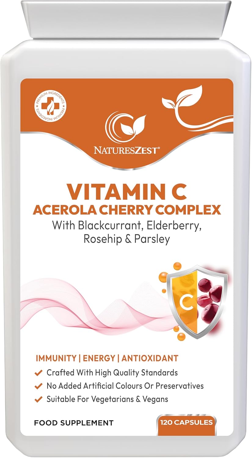 Vitamin C Acerola Cherry Complex – 120 Vegan Capsules | High Strength Immune Support with Elderberry, Rosehip, Blackcurrant & Parsley | Natural Vegan Vitamin C | Non-GMO, Made in UK – NATURES ZEST
