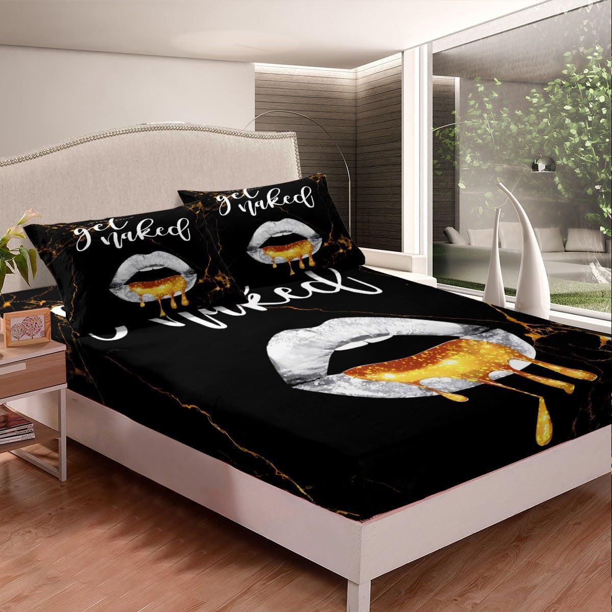Queen Size Luxury Black Gold Marble Bedding Set Boys Girls Sexy Lips Bed Sheet Set for Kids Women Men Get Naked Ultra Soft Fitted Sheet Funny Quotes Bedding Sheets Modern Bedroom Decor
