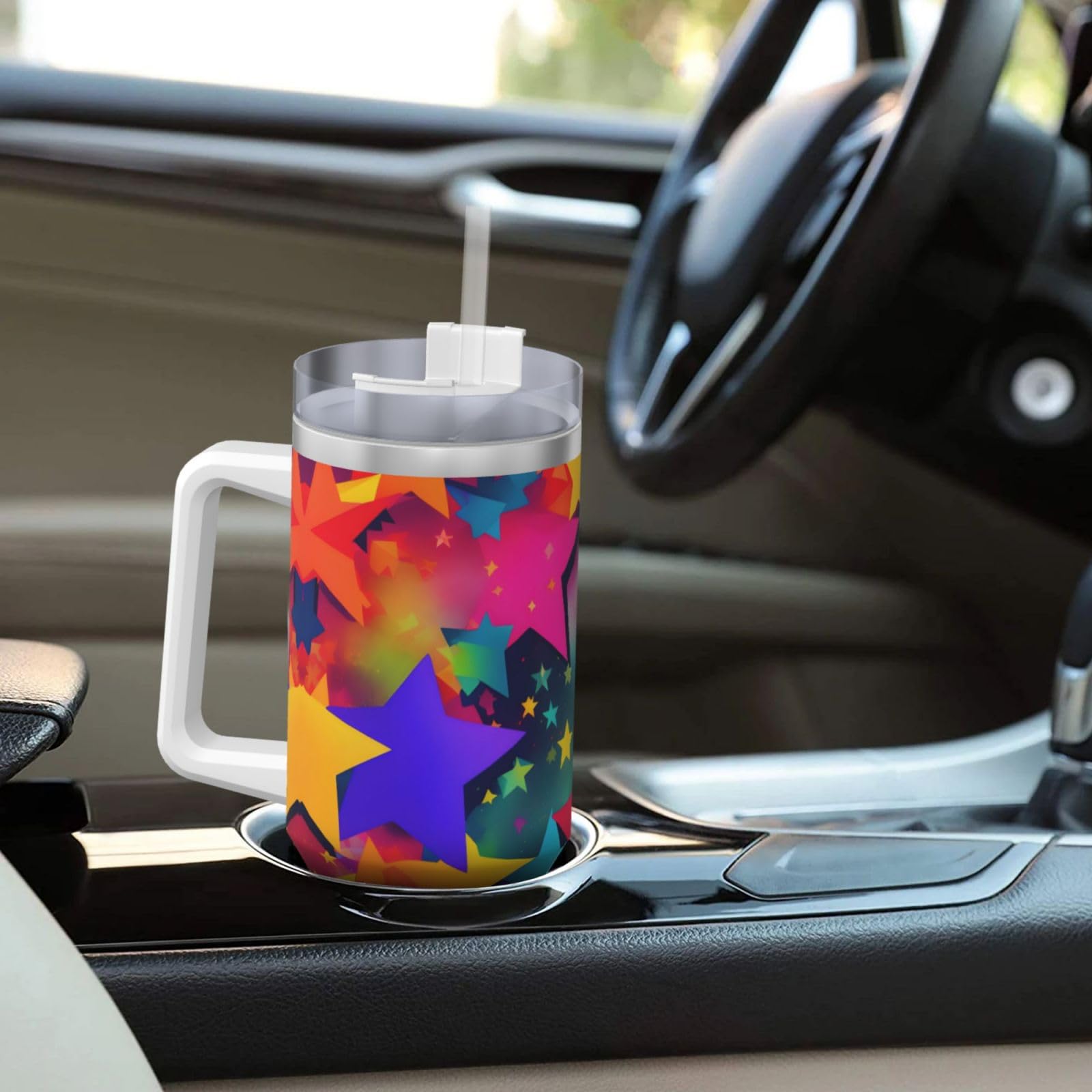Rainbow Stars Ice Bully Doppelwandige isolierte Wasserflasche mit Griff und Strohhalm-Deckel, 1,2 l