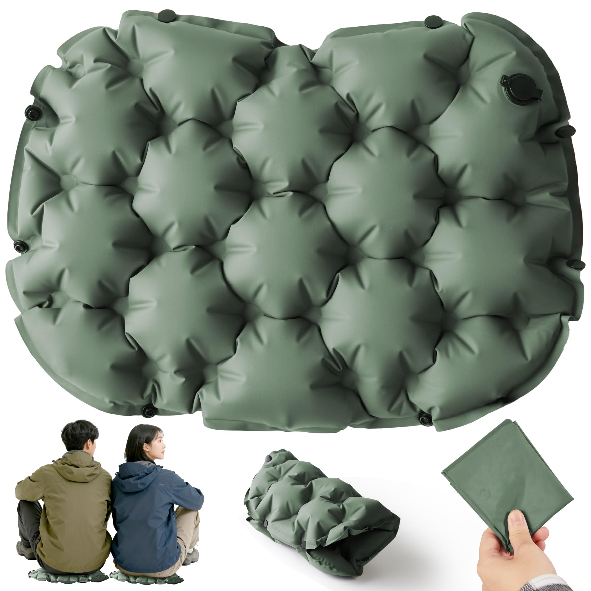 CELAVY エアークッション 飛行機 快適グッズ 夜行バス 折りたたみ座布団 3D 体圧分散 お尻が痛くならない 折り畳み ポータブル エアクッション ポケット 携帯 軽量 コンパクト エアーマット 一人用 厚手 レジャーシート 持ち運び 便利 インフレータブルクッション 連結可能 キャンプ 釣り 登山 花見 野球 スポーツ観戦 アウトドア グリーン