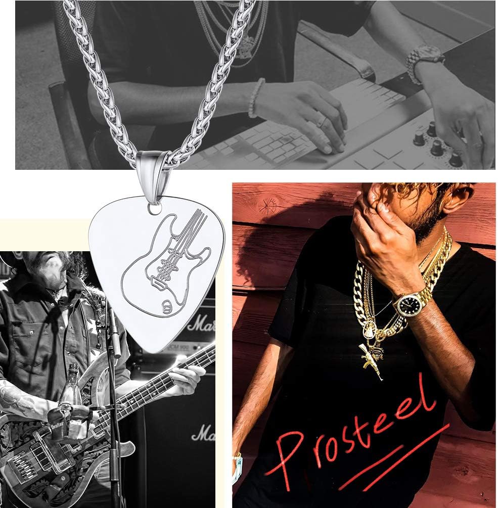 PROSTEEL Trendy Guitar/Guitar Pick/Microphone Necklace for Men Women, 316L Stainless Steel Necklace in Silver/Gold/Black Tone, for Music Lover, Come with Box