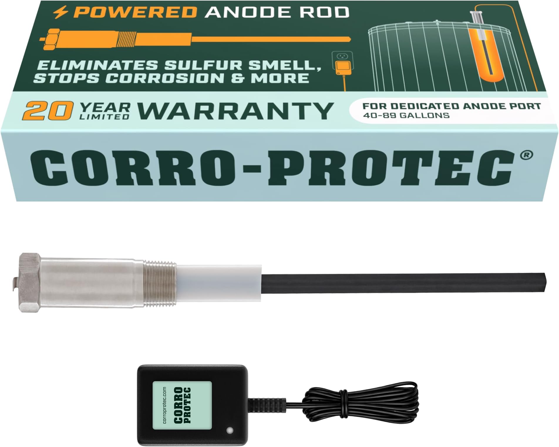 Corro-Protec Powered Anode Rod for Water Heater, 20-Year Warranty, Eliminates Rotten Egg/Sulfur Smell within 24 hours, Stops Corrosion and Reduces Limescale, Electrical Anode Rod Made of Titanium