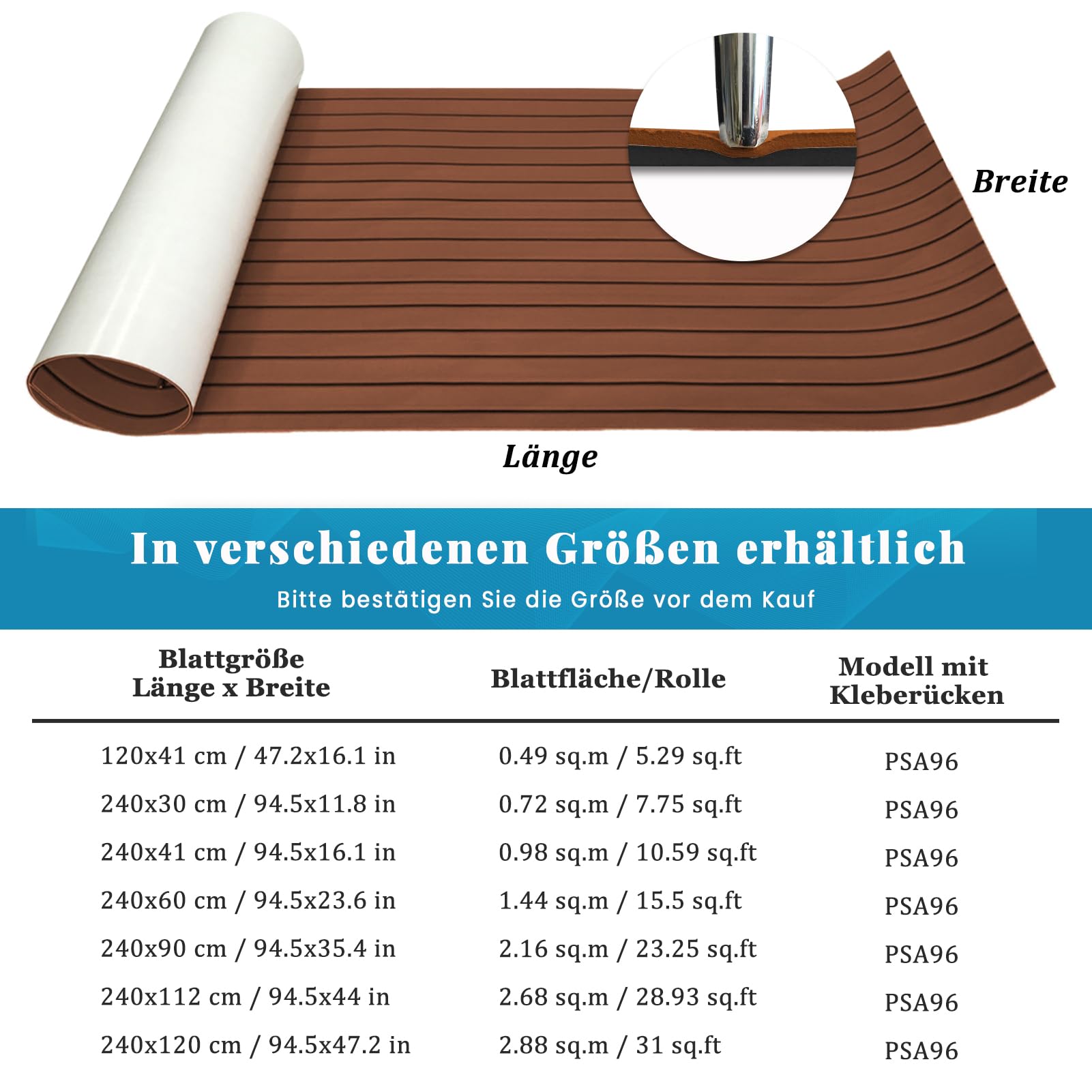 KXKZREN Boot Bodenbelag Selbstklebend Eva-Schaum Teakholzimitat Bootsbelag, rutschfeste Bootsmatte Marineteppich für Motorboot Wohnmobil Yacht Kajak Schwimmende Plattform,240x112/90/60/41cm