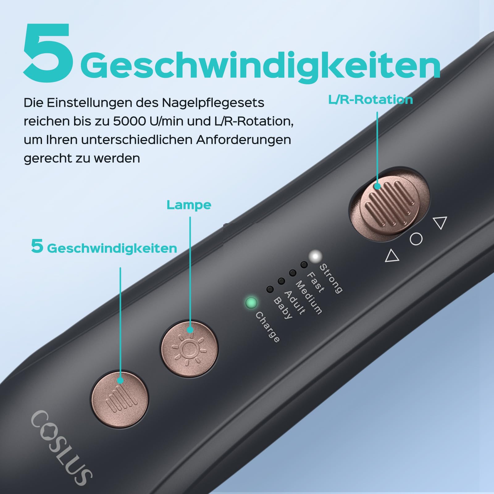 COSLUS C43 Professionelle Elektrische Nagelfräser Set: Maniküre Pediküre Set Fußpflege Elektrisch für Zehennägel, Hände und Füße, Breiterer Schleifer für dicke Nägel, 5 Geschwindigkeiten, Grau