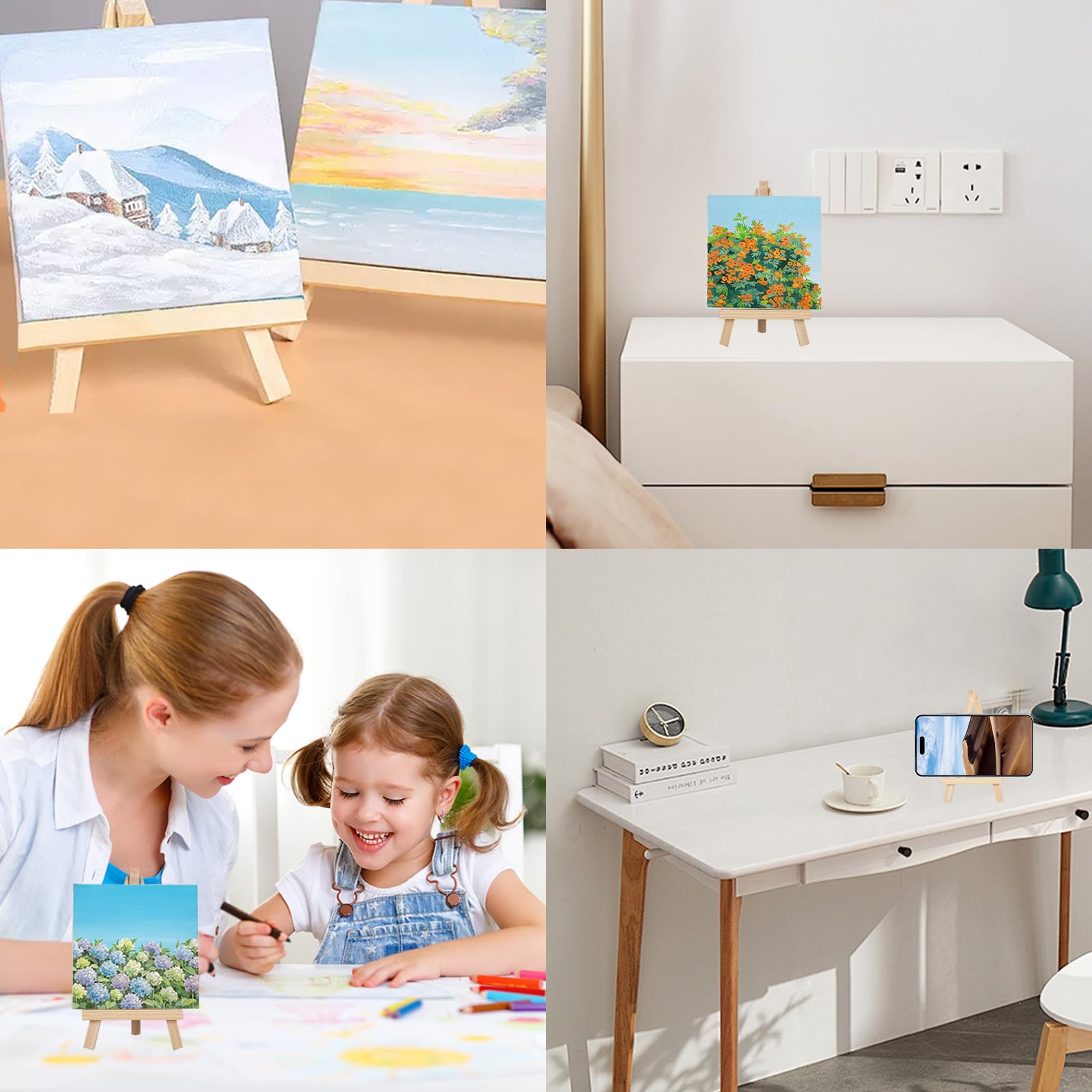 Kit Mini Chevalets De Table - 8 Chevalets Bois Avec Toiles 10x10cm + Pinceaux Pour Peinture DIY