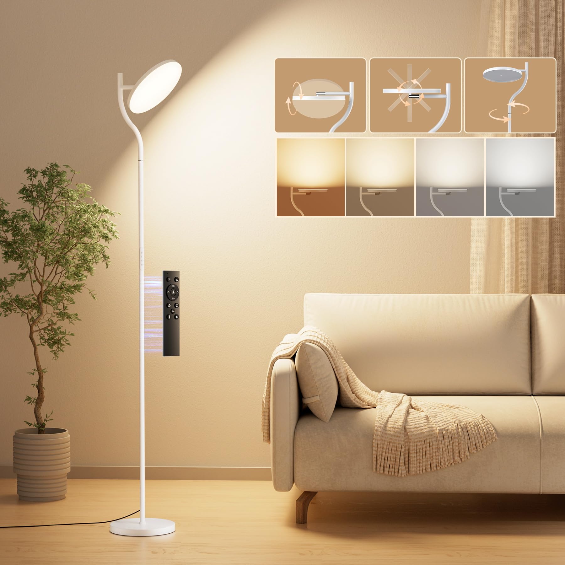 36W LED Stehlampe Wohnzimmer mit Fernbedienung & Touch, 3800LM Superhelle Stehleuchte Dimmbar mit 3 Farben & 5 Szenenmodi, 350°Drehbare Deckenfluter mit Timer, Standleuchte für Schlafzimmer Büro,Weiß
