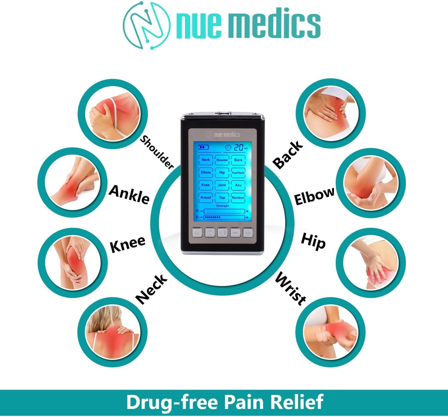 NueMedics Tens 12-Mode TENS & EMS Rechargeable Muscle Stimulator – Dual-Channel Portable Pain Relief Massager with Reusable Pads, Timer & LCD Display