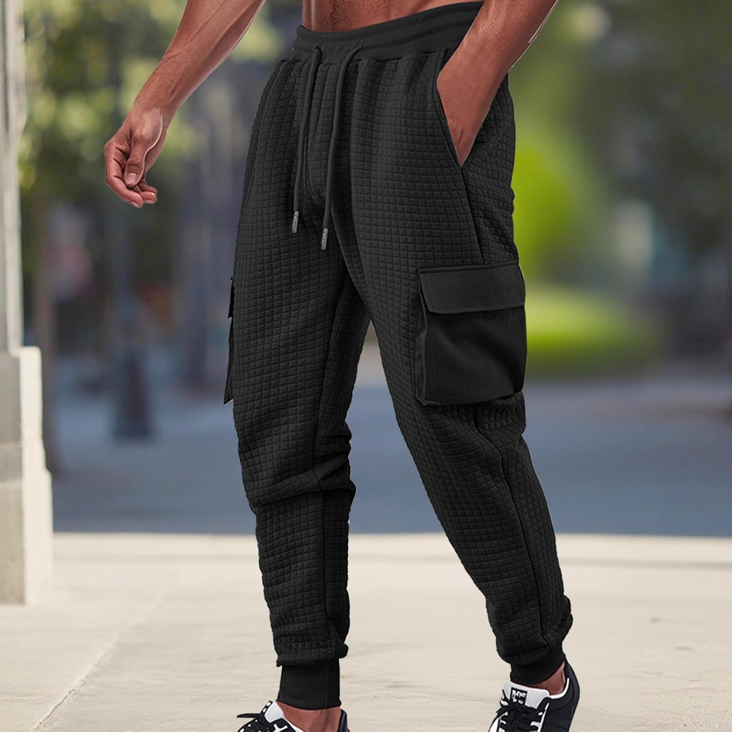 Waffle Sweatpants for Men Solid Color Street Hip Hop Loose Fit Casual Lounge Fall Drawstring Pants with Pockets - Image 2