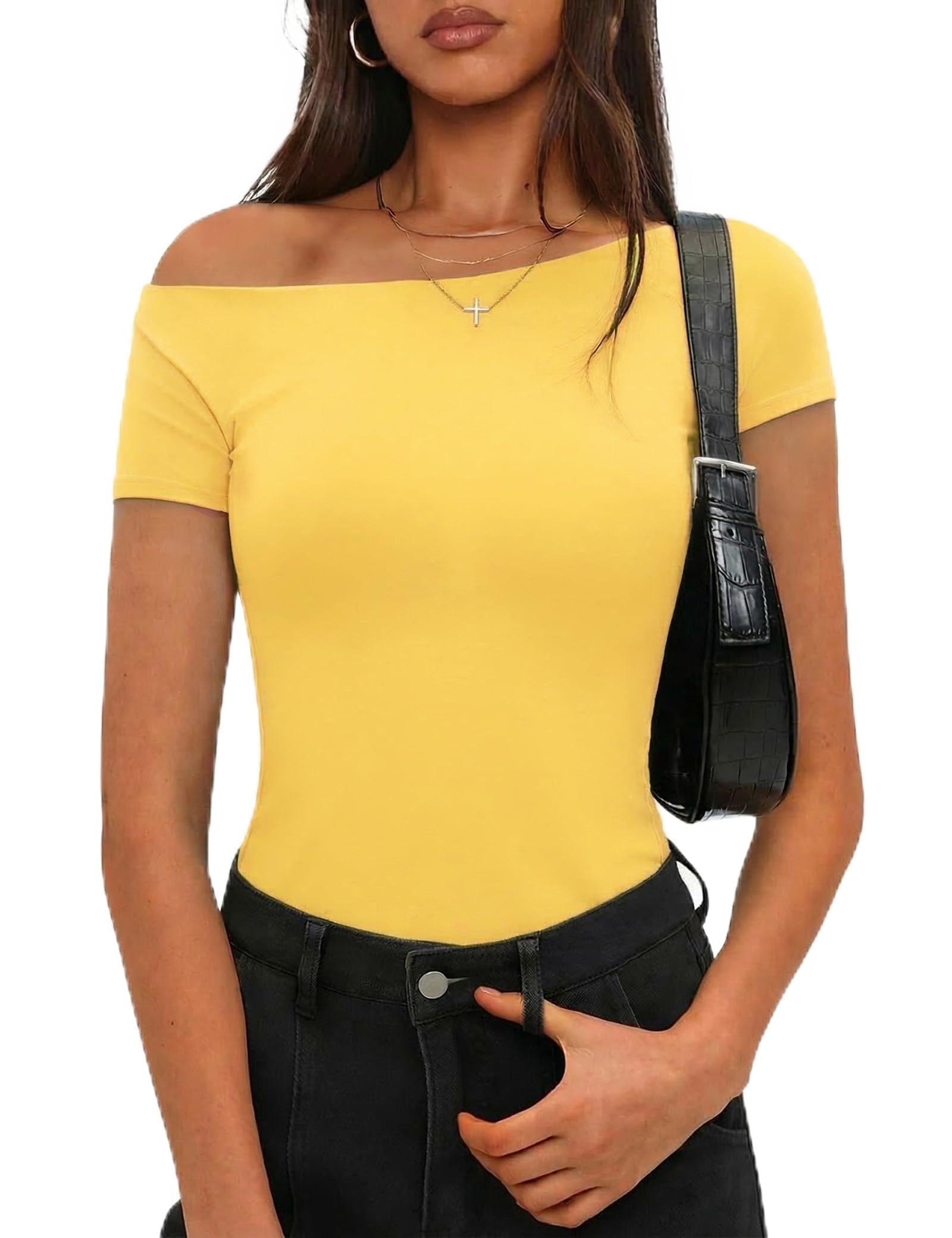 Totatuit Tshirt Damen Kurzarm Sommer Elegant Schulterfreies Oberteil Sexy Lässige Boot-Ausschnitt Bluse Shirts S-XXL