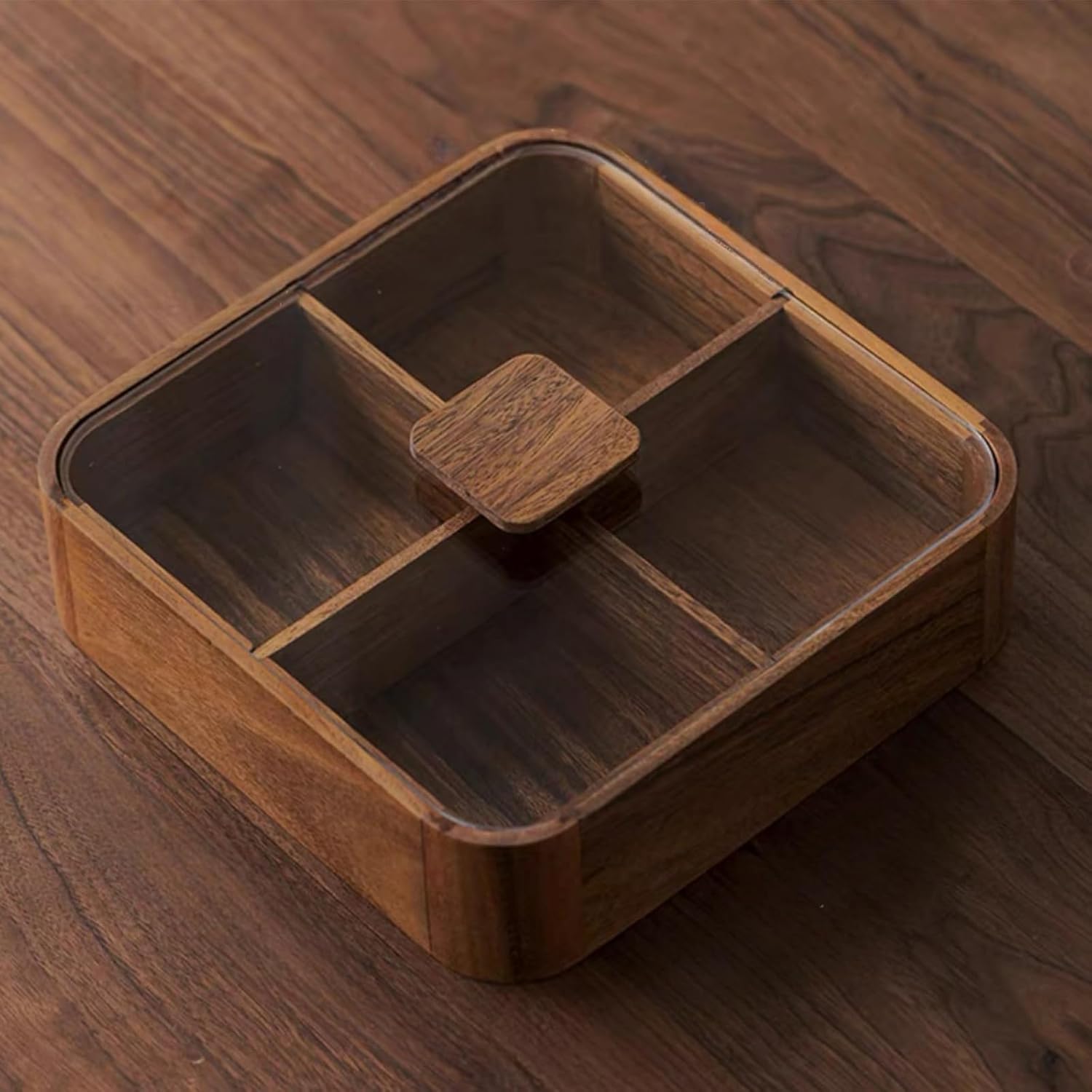 Koqye 4-Compartment Wooden Serving Tray with Lid - South American Walnut Platter for Nuts, Candy, Dry Fruits | Food Storage & Home Decor (South American Walnut) - Image 6