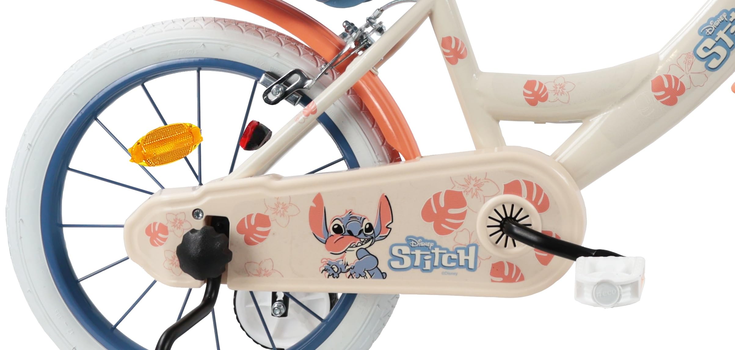 Vélo 16'' Fille avec Casque Leo & Stitch de Disney - 2 Freins Caliper - Pneus Gonflables - Panier Avant - Porte-poupée arrière - Garde-Boue 2 Stabilisateurs + Casque Stitch, Beige