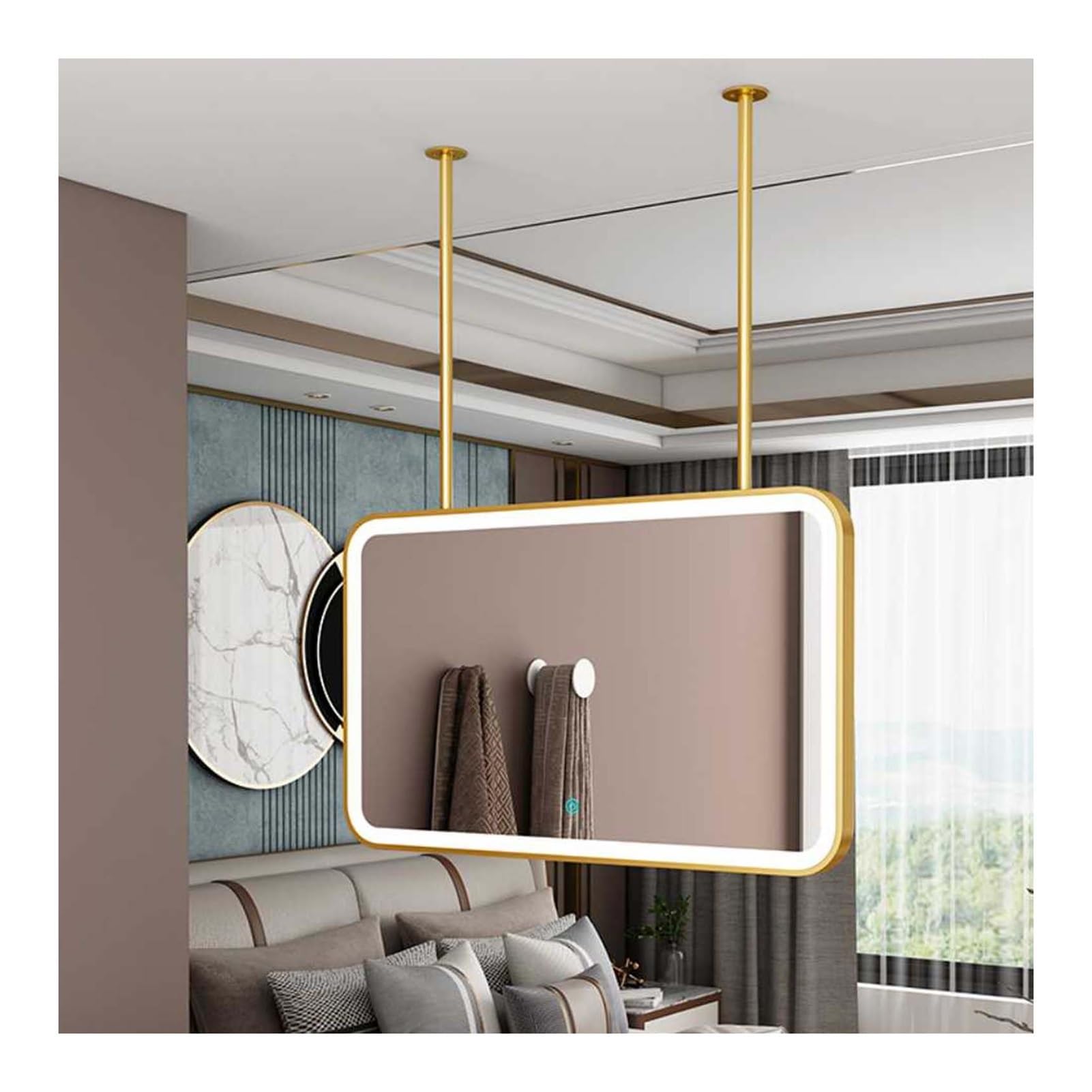 FGXHHS LED Lighting Rectangular Ceiling Hanging Mirror, Metal Frame, Vanity Shaving Makeup (Gold,80x50cm)