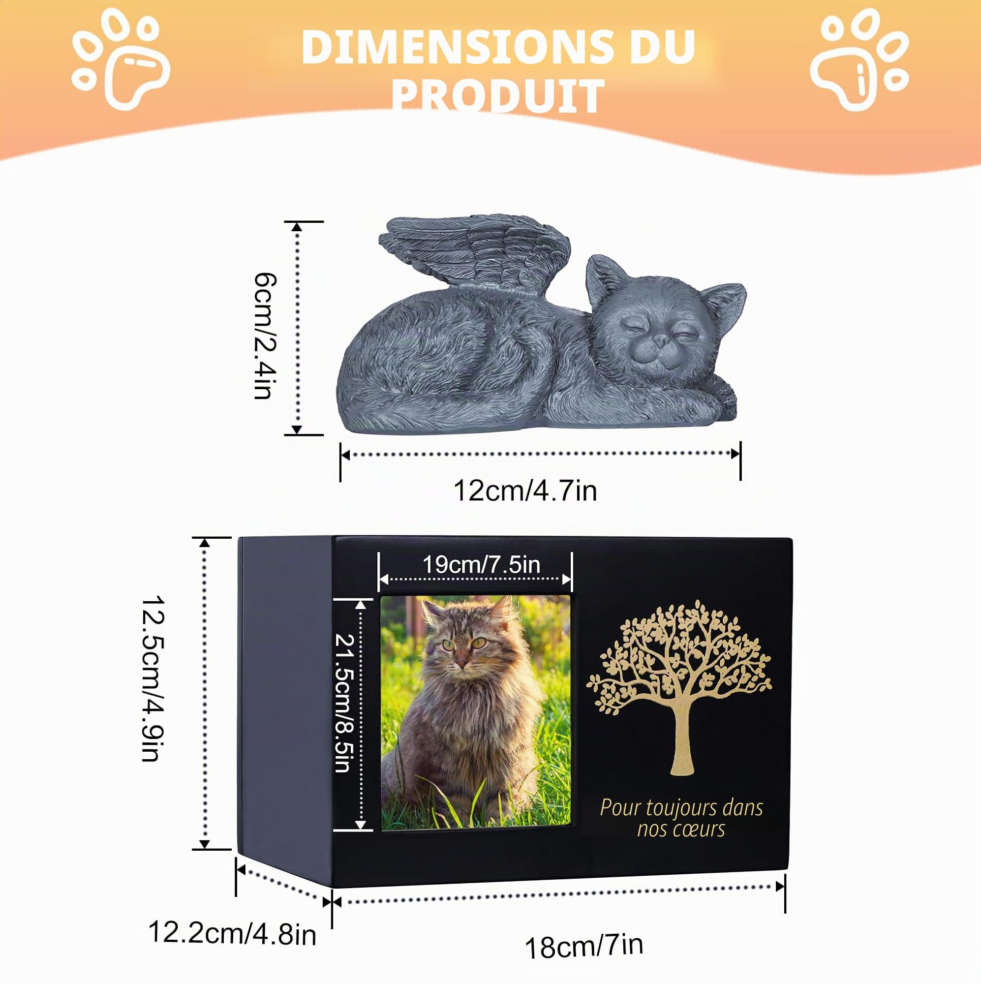 Urnes pour chat - Boîte de crémation en bois - Urne noire avec statue de chat en résine et pochette en velours