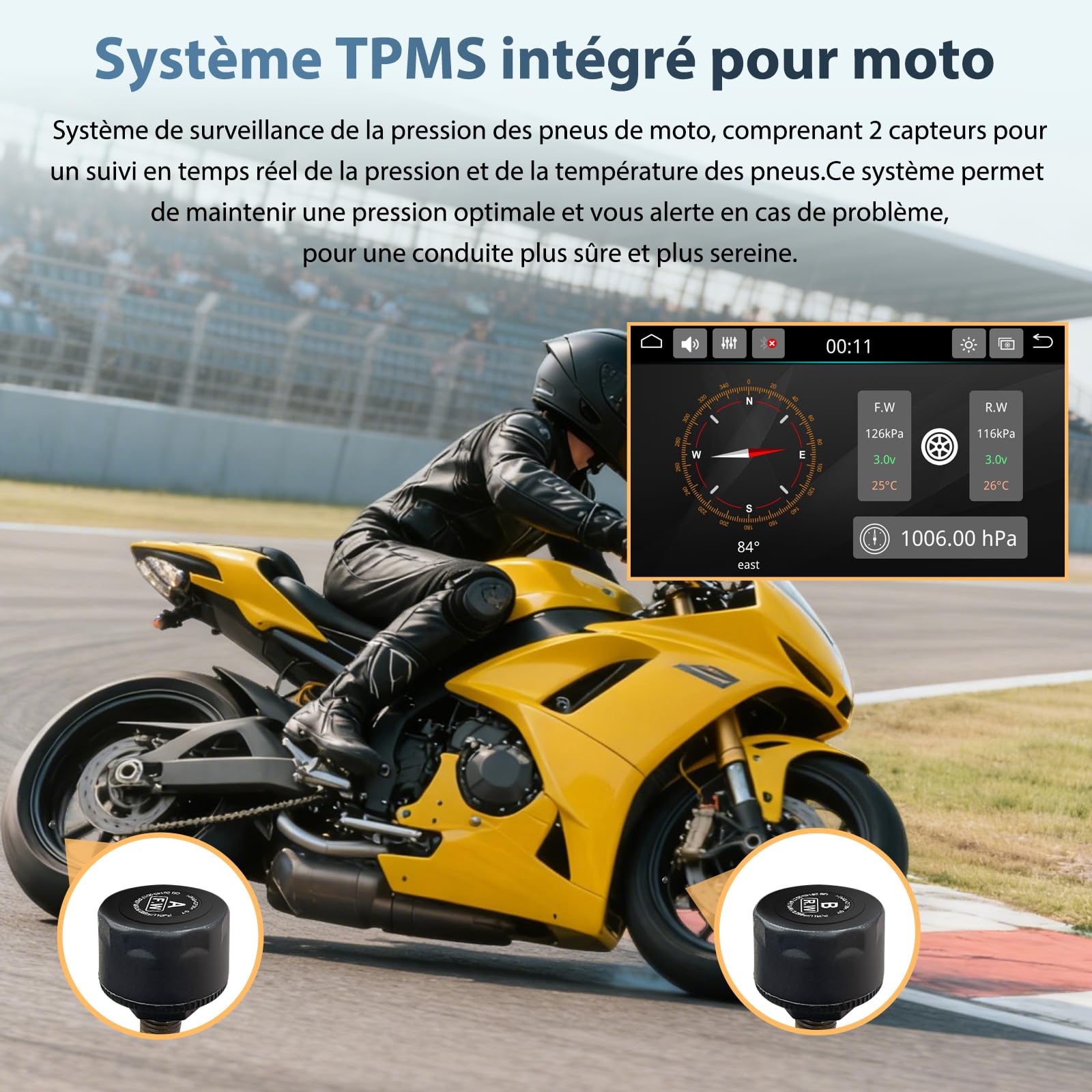 Carpuride W702T Pro Moto Carplay Écran avec TPMS Système, sans Fil Carplay et Android Auto, Portable 7" Étanche Tactile Écran, Double Bluetooth, Interphone Fonction, Navigation, Boussole, Baromètre.