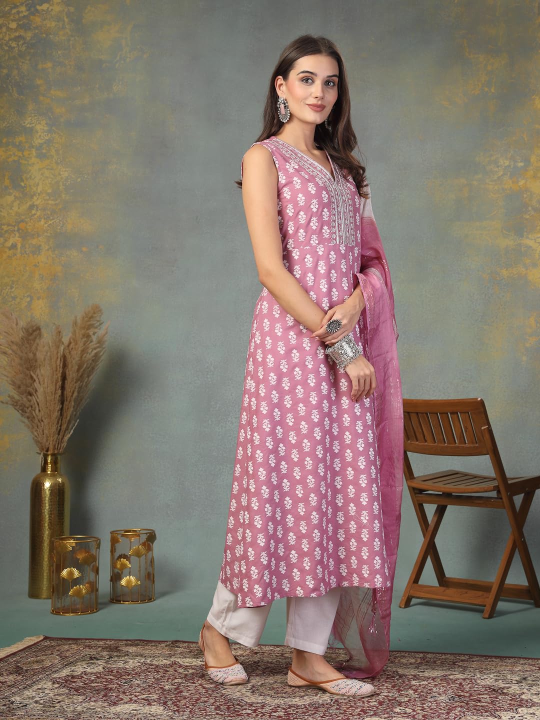 Stylum Women's Printed & Embroidered Rayon A-Line Kurta Dupatta Set (Kdmauvemoko42_Mauve, Xl)