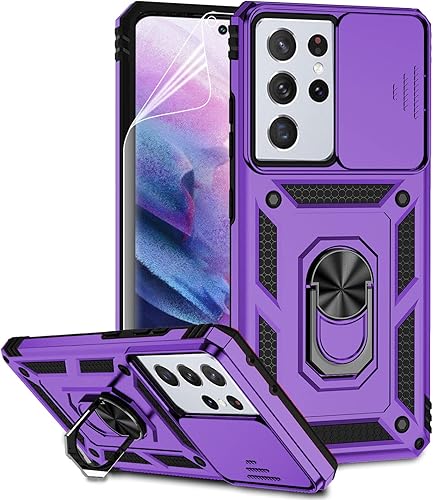 Funda de teléfono con cubierta para lente de cámara para Samsung Galaxy S21 Ultra 5G, probada para caídas de grado militar, soporte de anillo