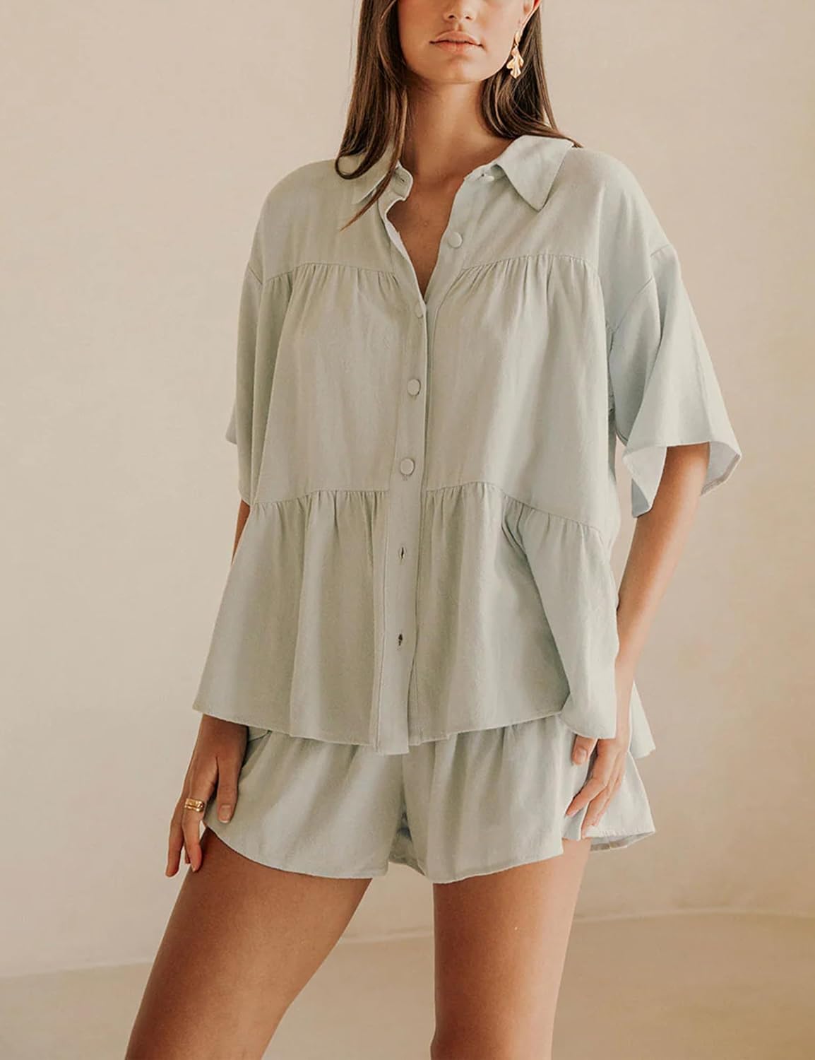 Qiaomai Womens 2 Piece Outfits Summer Ruffled Shirt and High Waist Shorts Matching Set - Image 4