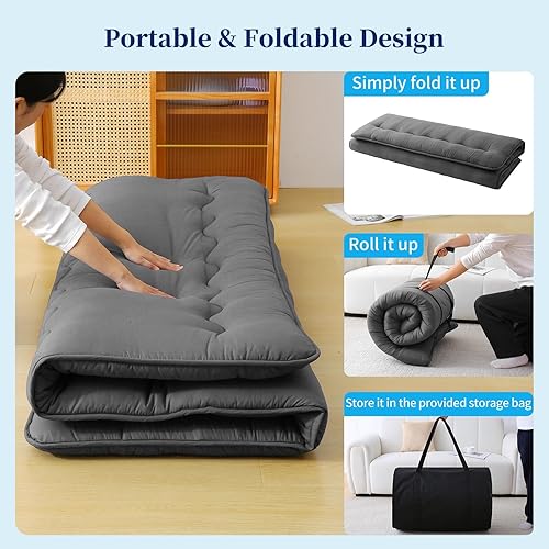 Miniatura 8 de COMFLIVE Colchón de futón japonés, 60 x 80 pulgadas, gris, Queen, diseño acolchado plegable