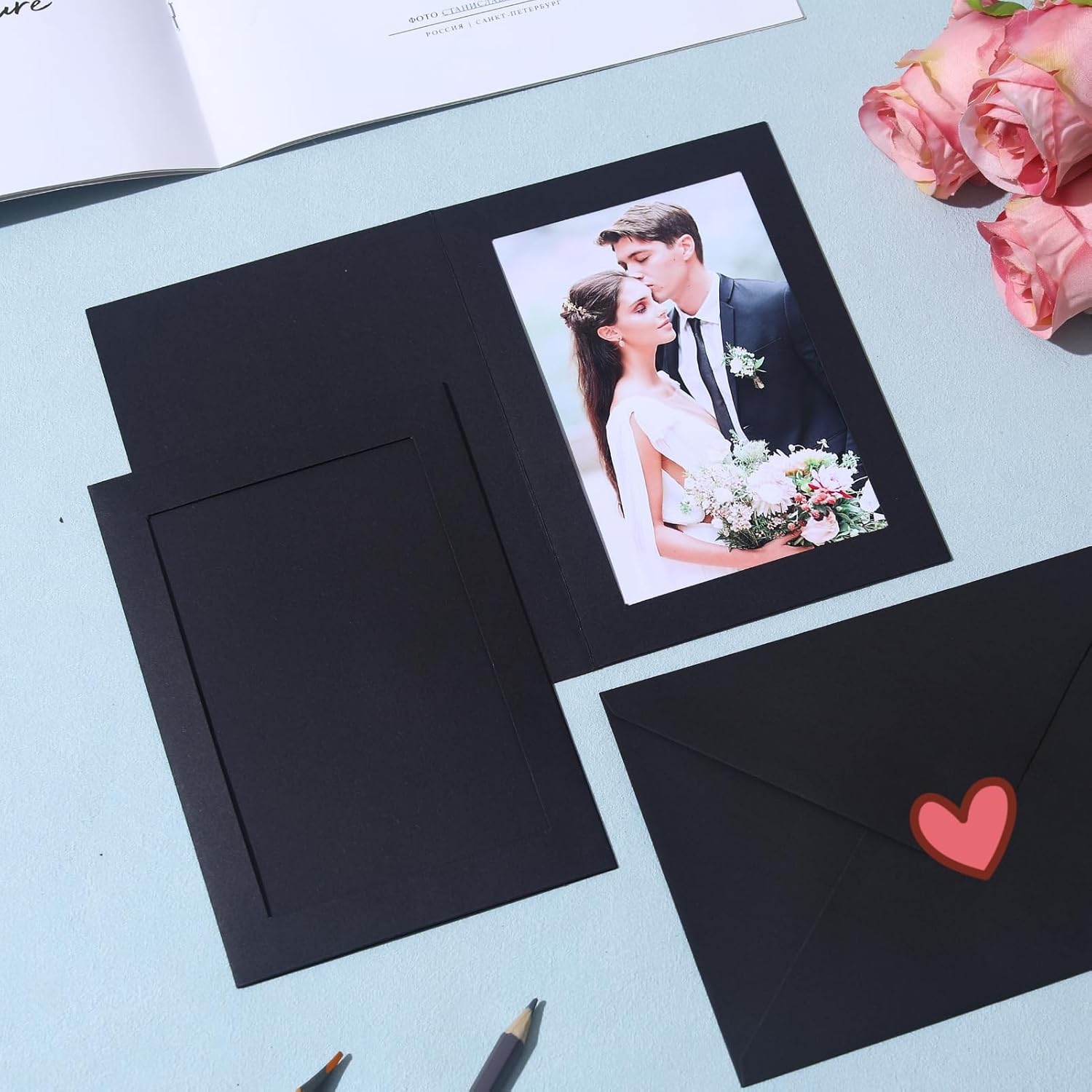 100 Pack Photo Frame Cards with Self Seal Envelopes 4x6 Paper Picture Frame Bulk Cardboard Photo Insert Card Holder for Christmas New Year Wedding Birthday Classroom Crafts DIY - Black