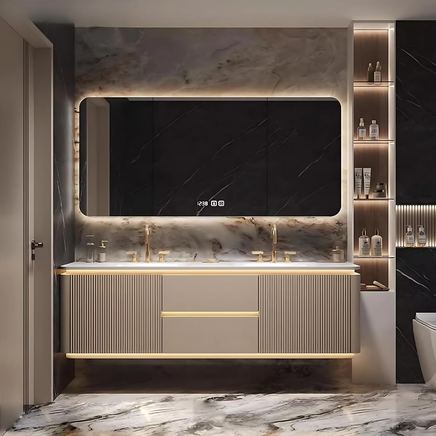 84IN Double Bathroom Vanity - Bathroom Vanity with Sink with Smart Defogging Feature & 2 Drawers | Hidden Handles & Smart Infrared Lighting