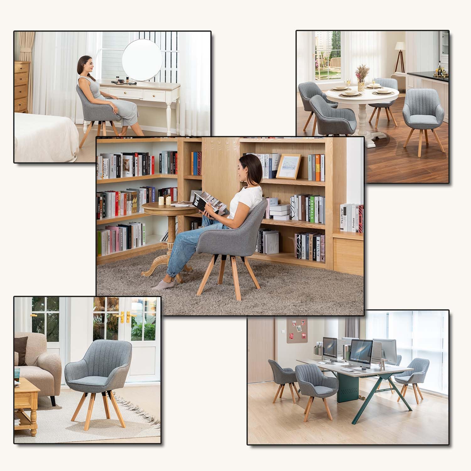 Meuble Cosy Chaise Salle à Manger Scandinave Fauteuil Coiffeuse Siège Pivotant avec Accoudoirs pour Chambre Salon Cuisine Bureau, Rembourré en Tissu Pieds en Bois Massif, Gris, 60x58x83cm