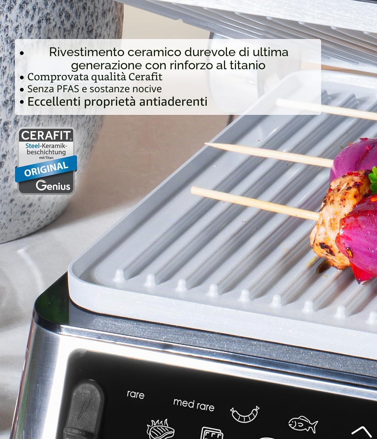 Genius Chef - Griglia elettrica a contatto, in acciaio inox, per panini, bistecche, piastre rimovibili, tostapane per sandwich, con 2 piastre, set da 6 pezzi, colore: Grigio