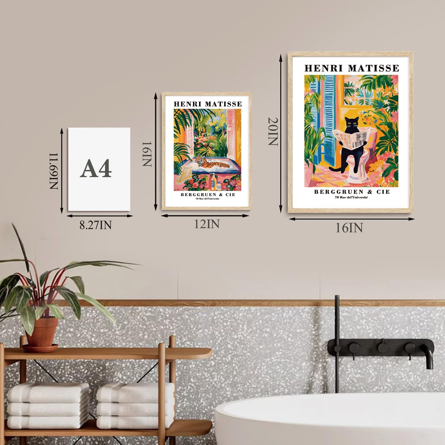 WOKAOGO 2 Piece Framed Wall Art Cat Tiger Wall Decor Animal Canvas Art Botanical Pictures Whimsical Paintings Cute Prints Matisse Artwork for Kids Bathroom Restroom