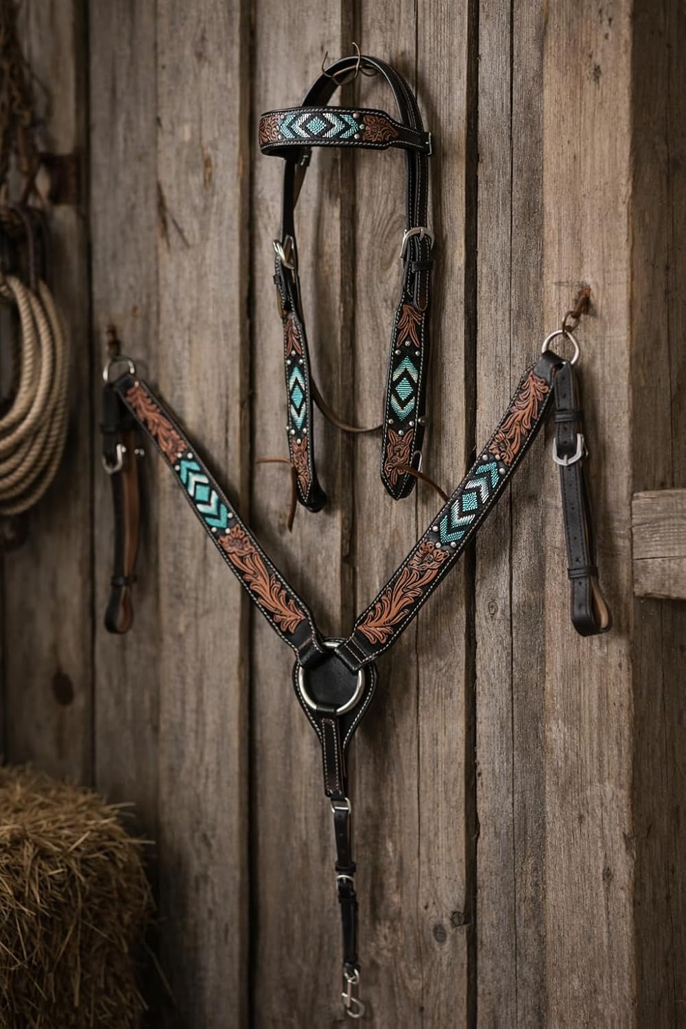 CHALLENGER Horse Show Bridle Western Leather Western Antique Floral Tooled Leather Beaded Bridle Breast Collar Tack 79FK06