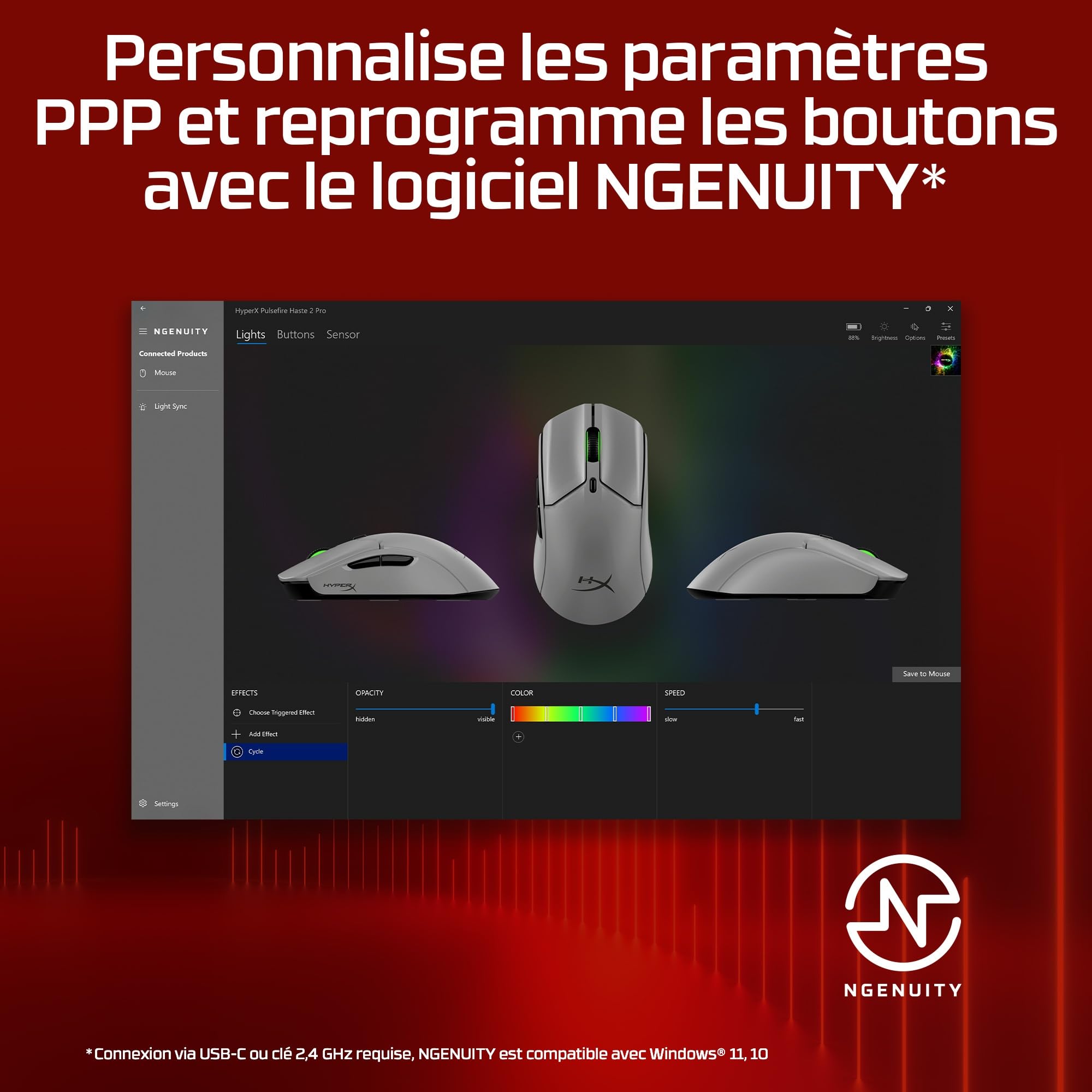 HyperX Pulsefire Haste 2 Pro Wireless, Souris Gaming sans Fil Ultra Légère 61 g, Capteur HyperX 26K Jusqu’à 26 000 DPI, Polling Rate 4 000 Hz, Double Connexion sans Fil 2.4 GHz et Bluetooth, Gris