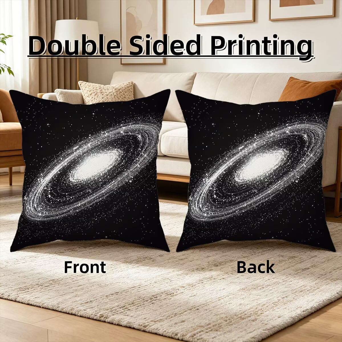 Federe Cuscino Divano 60x60, Nero Cuscini per Divano da Esterno Set da 4, Lino Copricuscini Divanos Impermeabile, Copri Cuscini Via Lattea Motivo Fronte Retro Stampato per Giardino, Sofá, Balcón, S-53