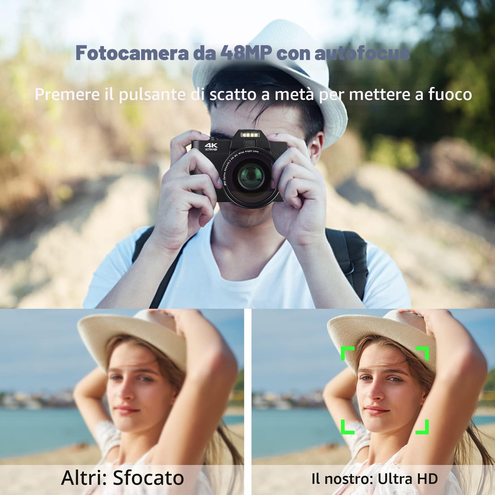CCN Fotocamera Digitale 4K 48MP, Fotocamera con schermo 3.0" ribaltabile a 180°, fotocamera compatta con zoom digitale 16X, obiettivo grandangolare e obiettivo macro, scheda TF da 64GB, WiFi, nero