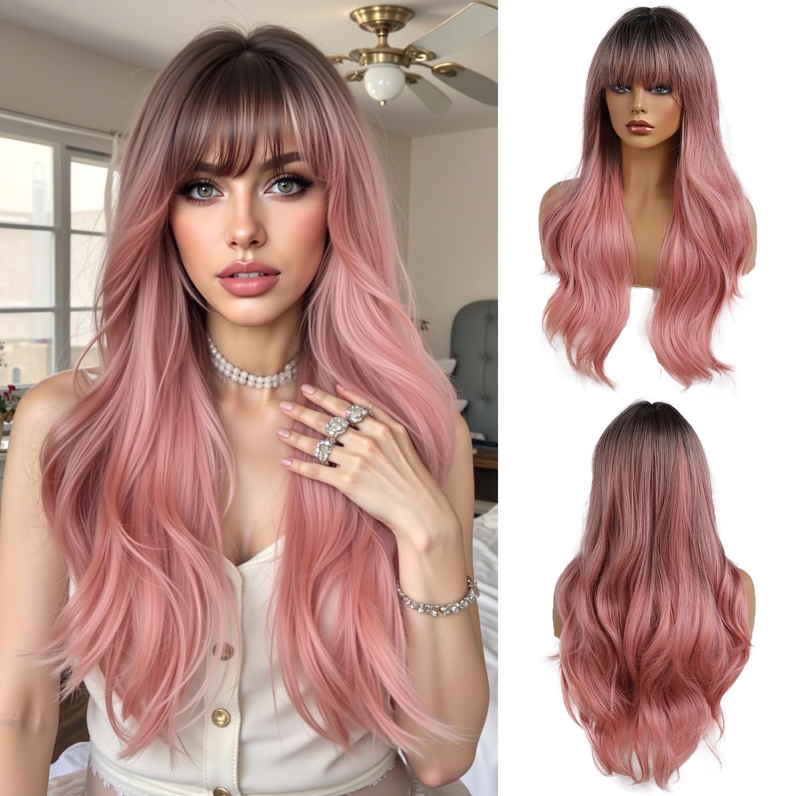 Oufei, Parrucca Da 61 Cm Di Capelli Sintetici Ondulati Rosa Ombre Per Donne, Con Radici Scure, Per Uso Quotidiano, Feste, Cosplay-image