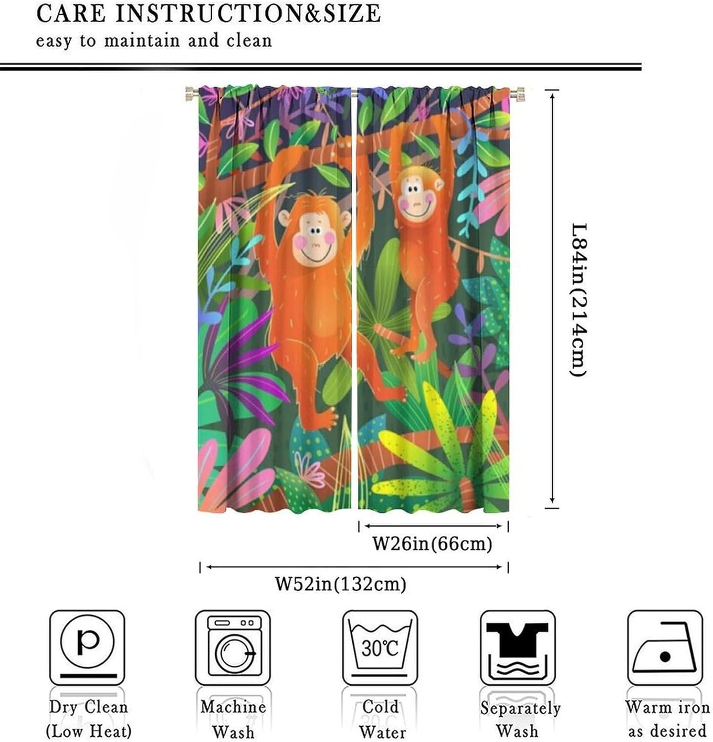 Monkey Curtains Animal Print Jungle Theme, Colorful Rainforest Curtains for Nursery Living Room Bedroom, 2 Panels W52xL84 Inch
