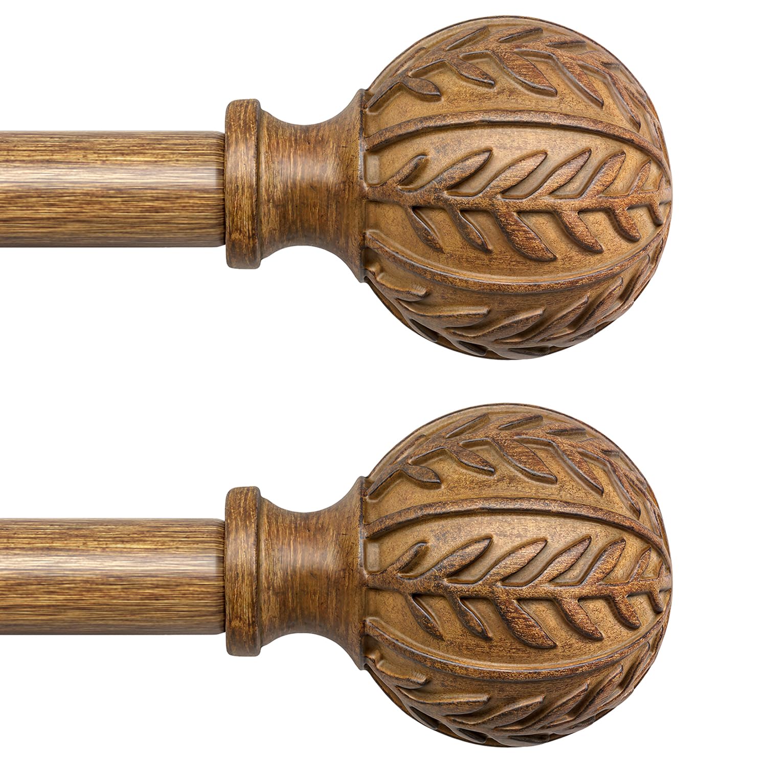QDWIS 2 Pack Boho Wood Curtain Rods for Windows 28 to 48 inch,1" Adjustable Heavy Duty Window Curtain Rod with Imitation Wood Grain Finials,Rustic