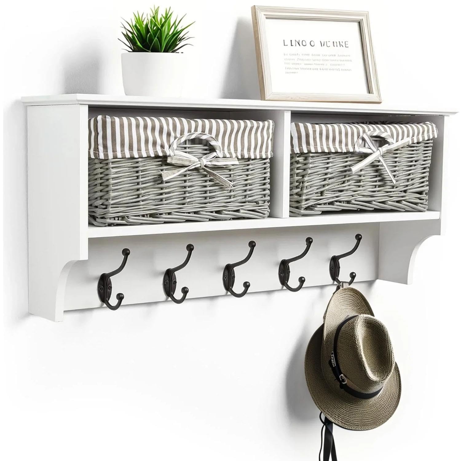 Livhome Wall Mounted Coat Hooks and Shelf, 5 Double Coat Hooks with 2 Storage Baskets, White MDF Wooden Shelf Wall Storage Unit, Closet Organizer for Entryway, Hallway, Wardrobe Storage Unit