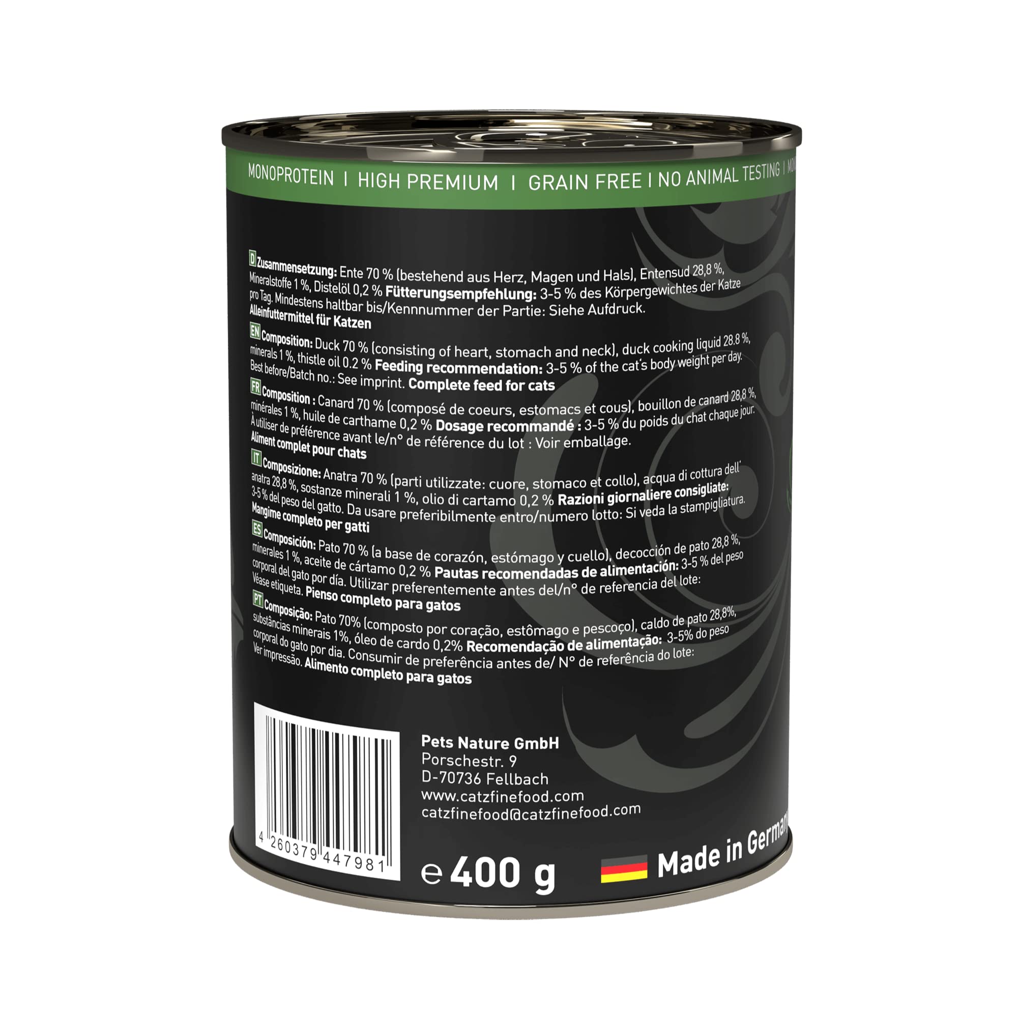 catz finefood Purrrr Kaczka Monoprotein mokra karma dla kotów nr 115, dla kotów wrażliwych na odżywianie, 70% zawartości mięsa, puszka 6 x 400 g