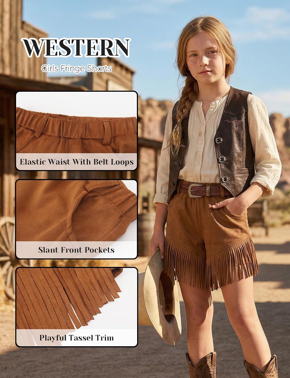 Noomelfish Kids Faux Suede Fringe Shorts Tassel Cowgirl Outfits with Pockets (5-12 Years)