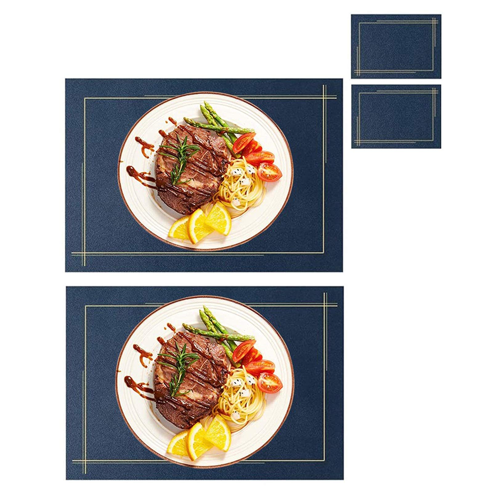 Manteles Individuales para Mesa de Comedor Juego de 2, con 2 Posavasos Impermeable Antideslizante PU Mantel Individual de Mesa de Cuero sintético para Restaurante en casa Decorativo/Protección-Azul