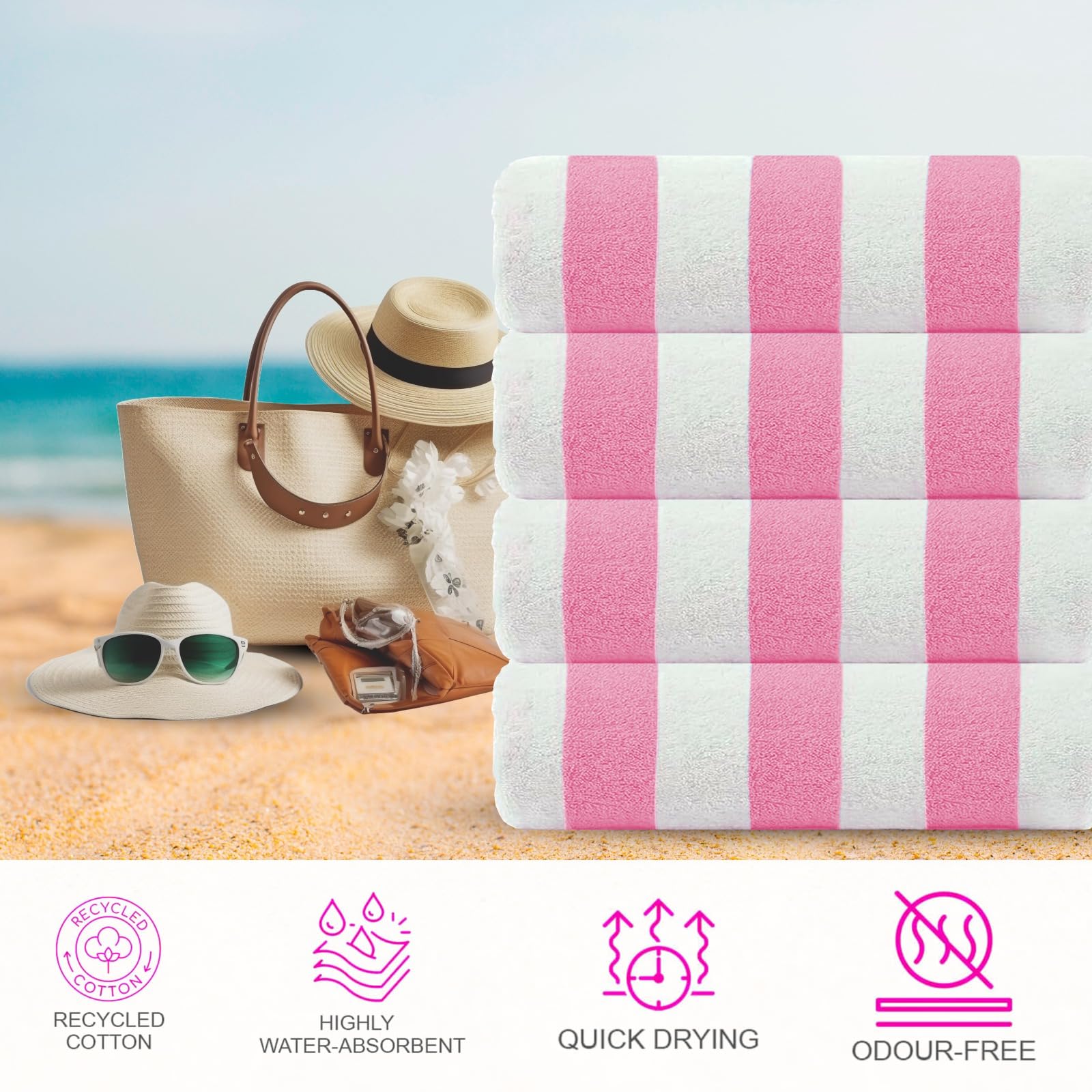 Casa Copenhagen Set Regalo 4 Toallas Playa algodón, 75x150cm,Rosa Delicada | Cabana – Toalla de piscina grande de 100 % algodón egipcio – 150 x 75 cm (set de regalo para mujer y hombre)