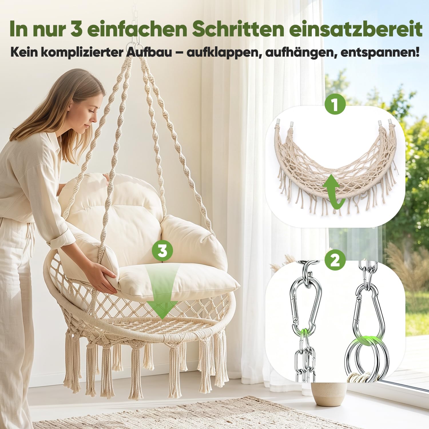 Sekey Hängesessel mit großem Kissen, Indoor & Outdoor, bis 150kg