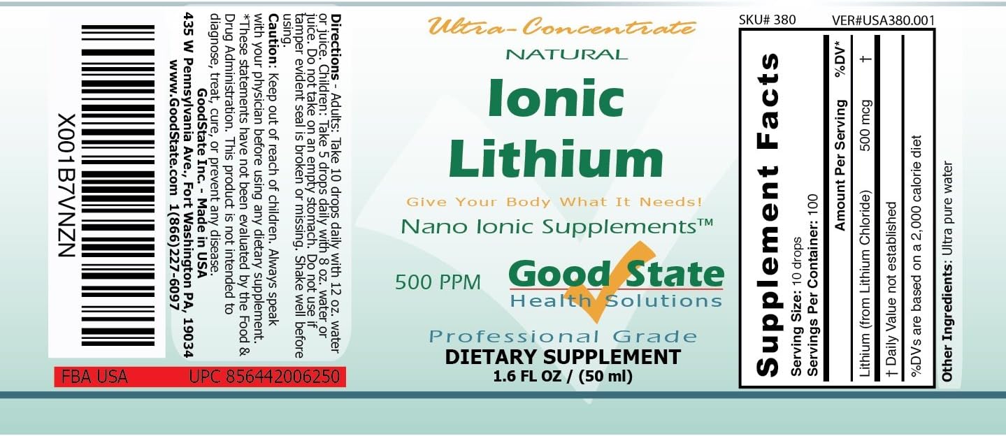 (Glass Bottle) Good State Liquid Ionic Lithium Ultra Concentrate (10 Drops Equals 500 mcg - 100 Servings per Bottle)