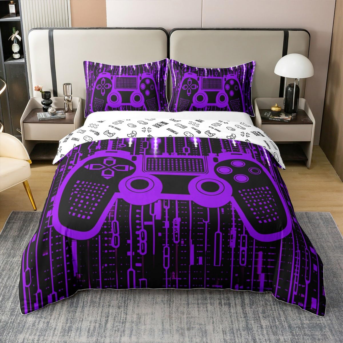 Homemissing Set di biancheria da letto per letto matrimoniale, motivo videogiochi, 100% cotone, per bambini, set di biancheria da letto per bambini, decorazione per la stanza dei giochi, copripiumino