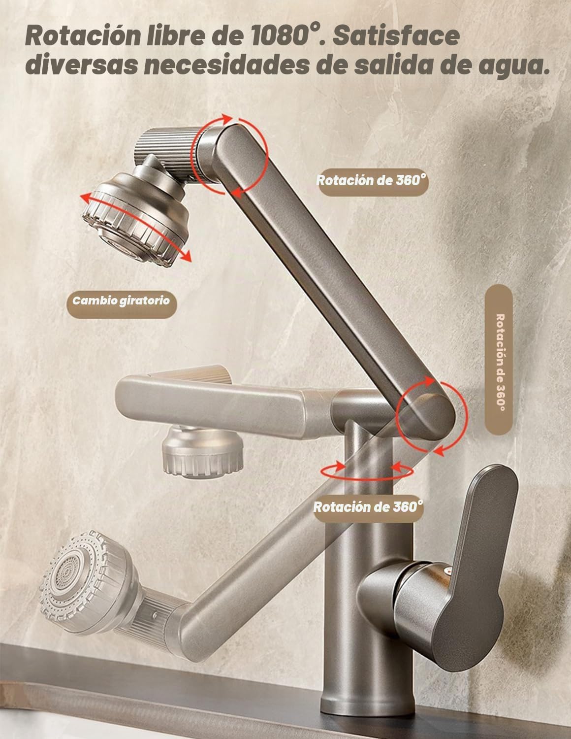 Grifo de Cocina Flexible 1080º, Grifo Lavabo Giratorio, Grifo Cocina Extraible de Acero Inoxidable Fregadero Fría y Caliente 2 Modos de Ajuste de Flujo de Agua