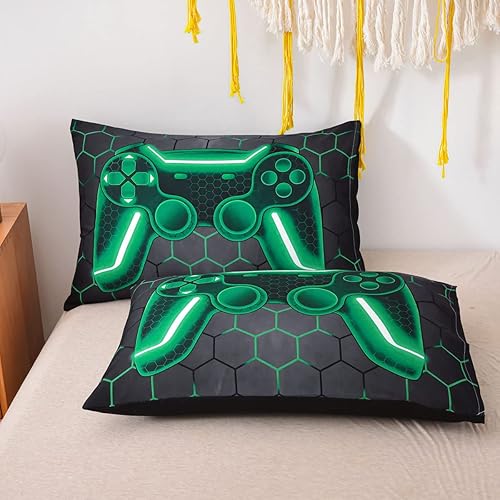 Miniatura 5 de NTBED Juego de edredón de consola de videojuegos para niños y niñas, juegos de ropa de cama geométricos de microfibra ligera (verde, tamaño